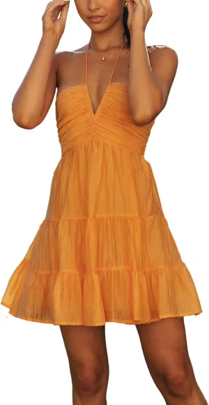 Women's Halter Mini Dress Deep V Neck Casual Sleeveless Halter Neck Flowy Tiered Ruffle Hem Dress Beach Sundress