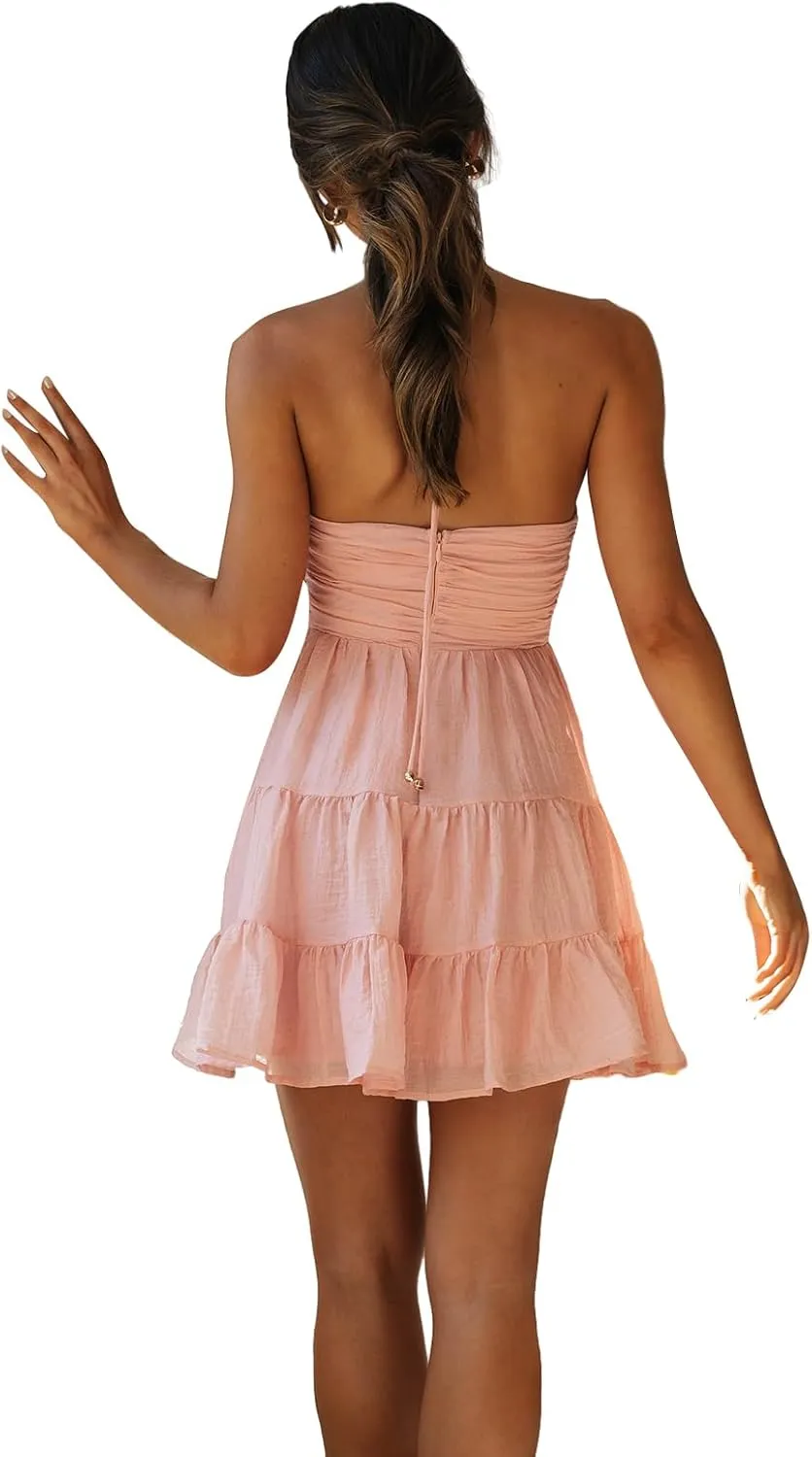 Women's Halter Mini Dress Deep V Neck Casual Sleeveless Halter Neck Flowy Tiered Ruffle Hem Dress Cute Vacation Dress
