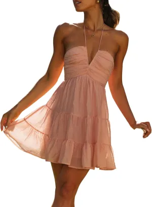 Women's Halter Mini Dress Deep V Neck Casual Sleeveless Halter Neck Flowy Tiered Ruffle Hem Dress Cute Vacation Dress
