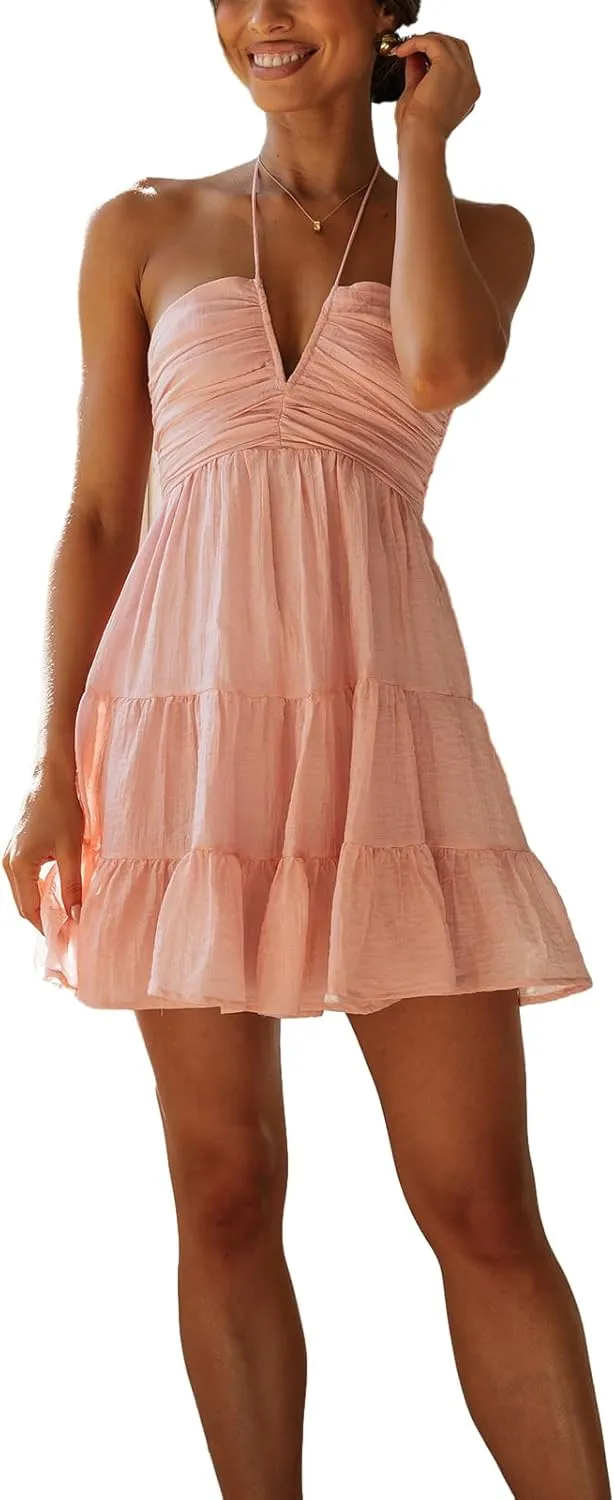 Women's Halter Mini Dress Deep V Neck Casual Sleeveless Halter Neck Flowy Tiered Ruffle Hem Dress Cute Vacation Dress