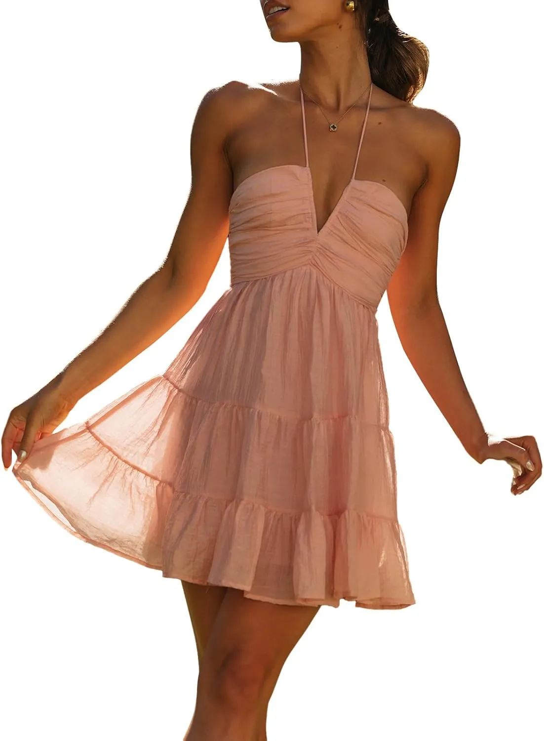 Women's Halter Mini Dress Deep V Neck Casual Sleeveless Halter Neck Flowy Tiered Ruffle Hem Dress Cute Vacation Dress