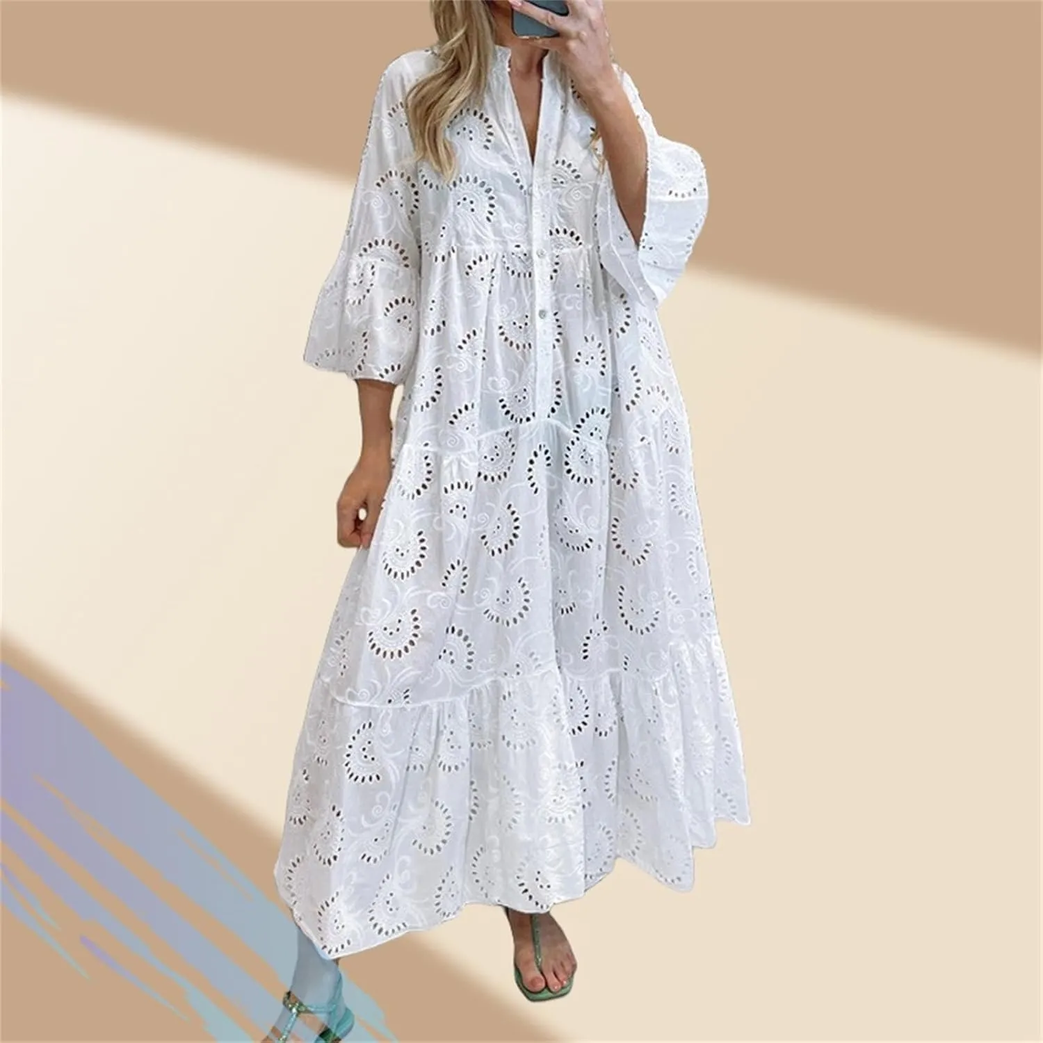 Womens Lace Eyelet Embroidery Maxi Dress, V-Neck Button Trumpet Sleeve Boho Flowy Swing A Line Dress