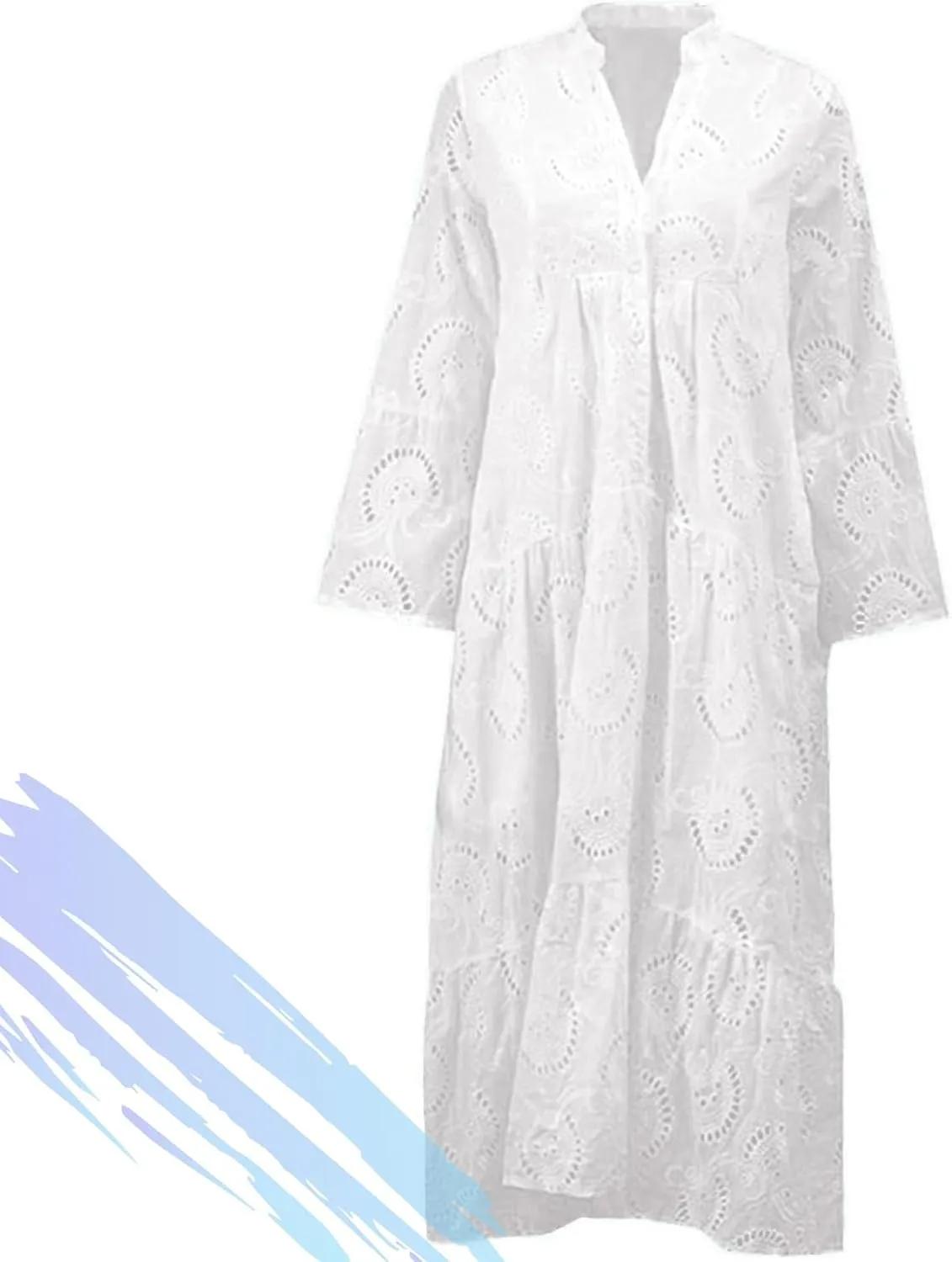 Womens Lace Eyelet Embroidery Maxi Dress, V-Neck Button Trumpet Sleeve Boho Flowy Swing A Line Dress