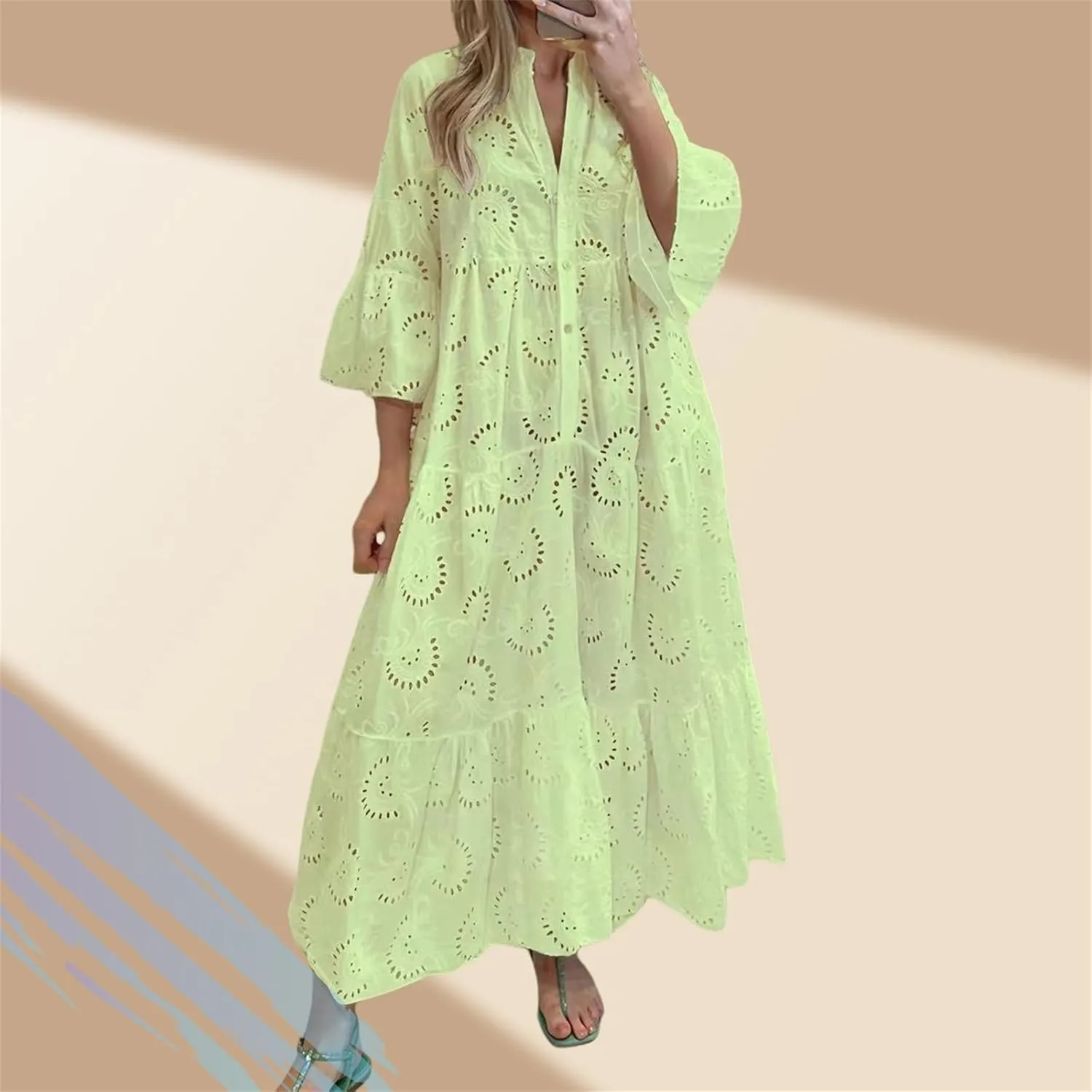 Womens Lace Eyelet Embroidery Maxi Dress, V-Neck Button Trumpet Sleeve Boho Flowy Swing A Line Dress