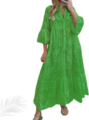 Womens Lace Eyelet Embroidery Maxi Dress, V-Neck Button Trumpet Sleeve Boho Flowy Swing A Line Dress
