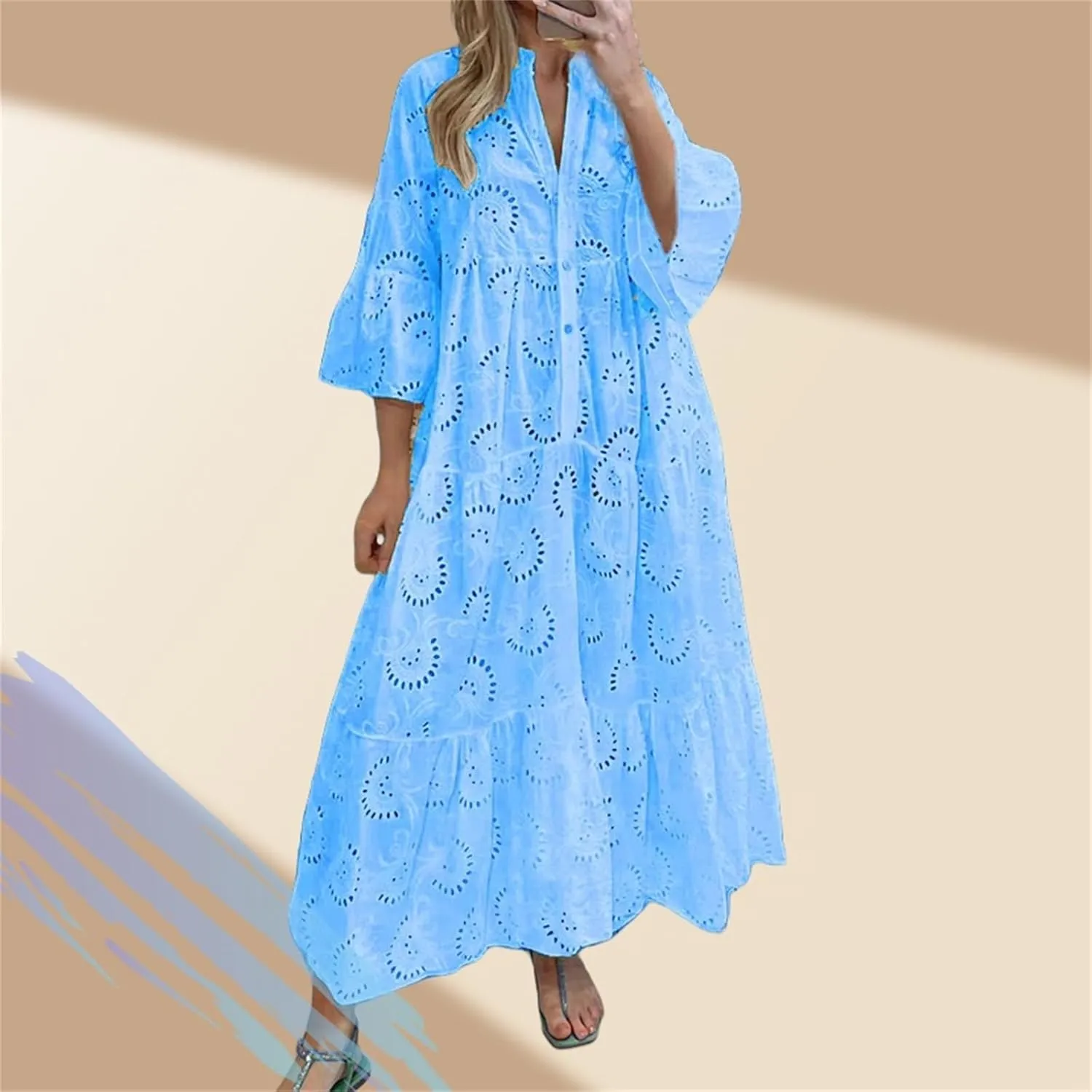 Womens Lace Eyelet Embroidery Maxi Dress, V-Neck Button Trumpet Sleeve Boho Flowy Swing A Line Dress
