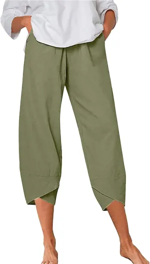 Women's Linen Blend Summer Split Flowy Pant Trousers High Waist Lounge Pants Slim-Fit Pant Trousers Vacation