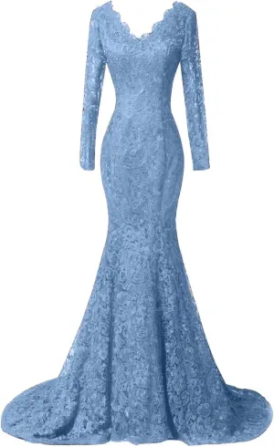Women's Long Sleeves Mermaid Formal Prom Evenning Dresses Lace Beaded Party Gowns