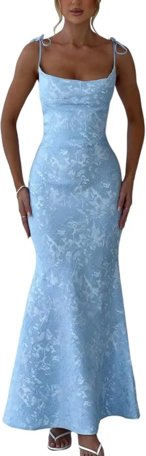 Women's Mermaid Satin Jacquard Floral Bridesmaid Dresses for Teens 2025 Spaghetti Strap Bodycon Round Neck Formal Prom Evening Gown US0 Light Blue