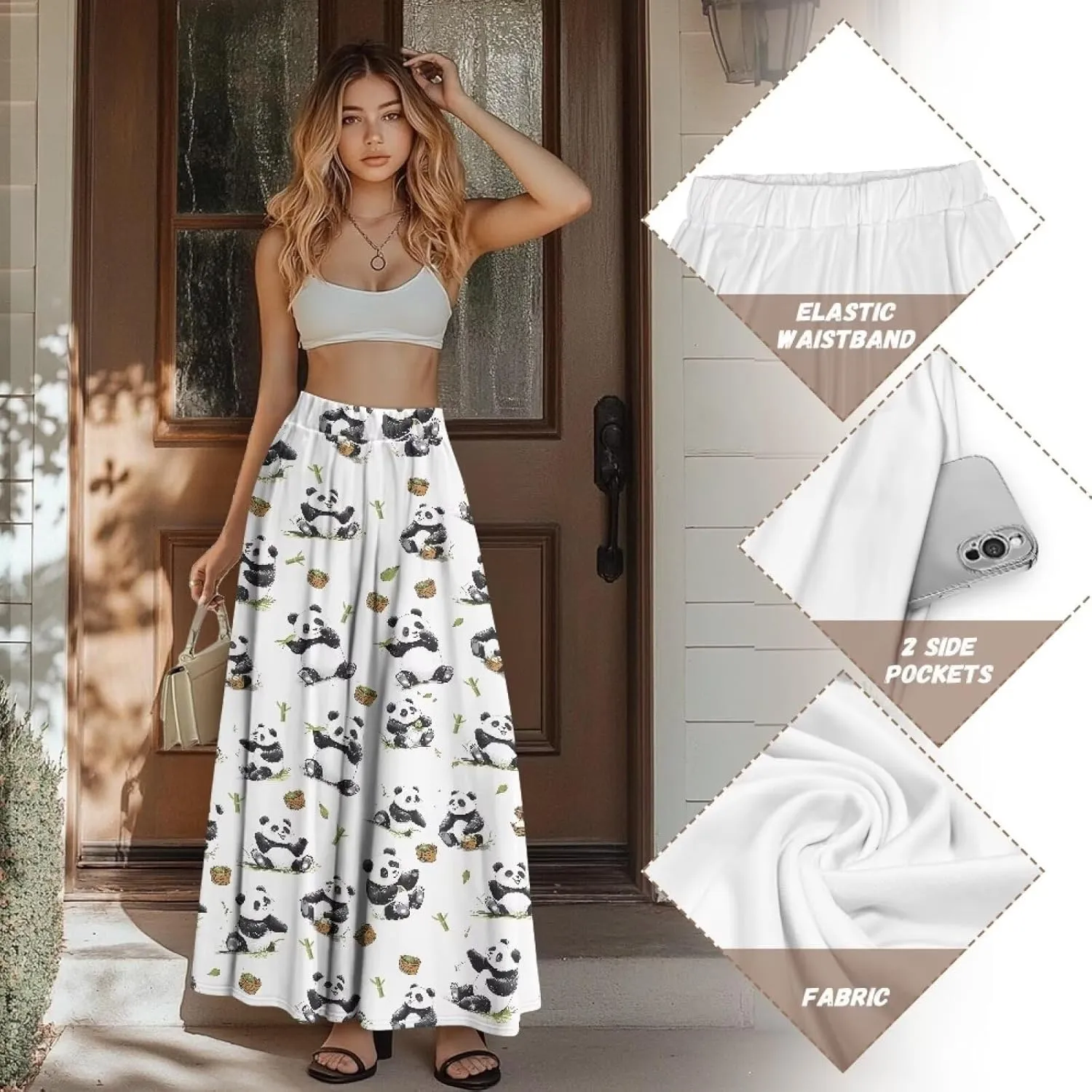 Women's Midi Skirt with Pockets Elastic Waist Flowy Ruffle Casual Summer Boho A-line Skirts Size S-2XL