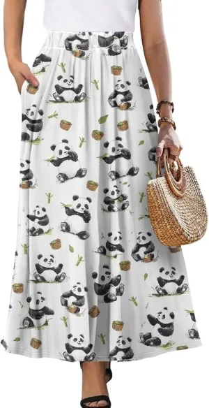 Women's Midi Skirt with Pockets Elastic Waist Flowy Ruffle Casual Summer Boho A-line Skirts Size S-2XL
