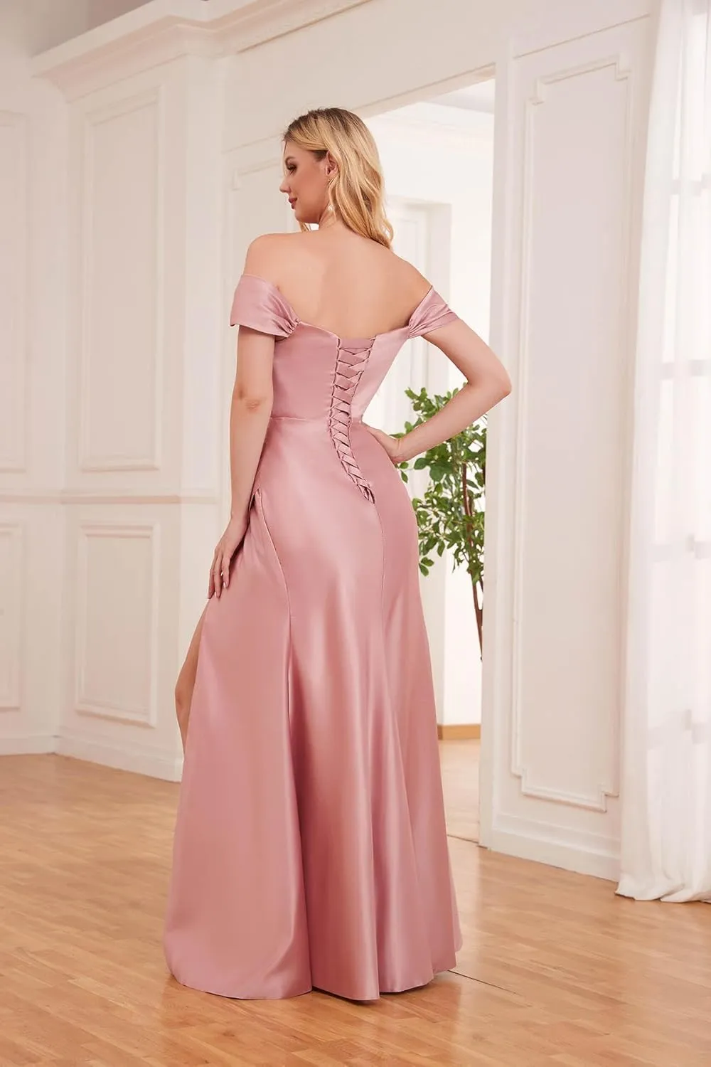 Women's Off Shoulder Mermaid Prom Dresses with Slit Long Satin Corset Formal Party Gowns Bridesmaid Dresses