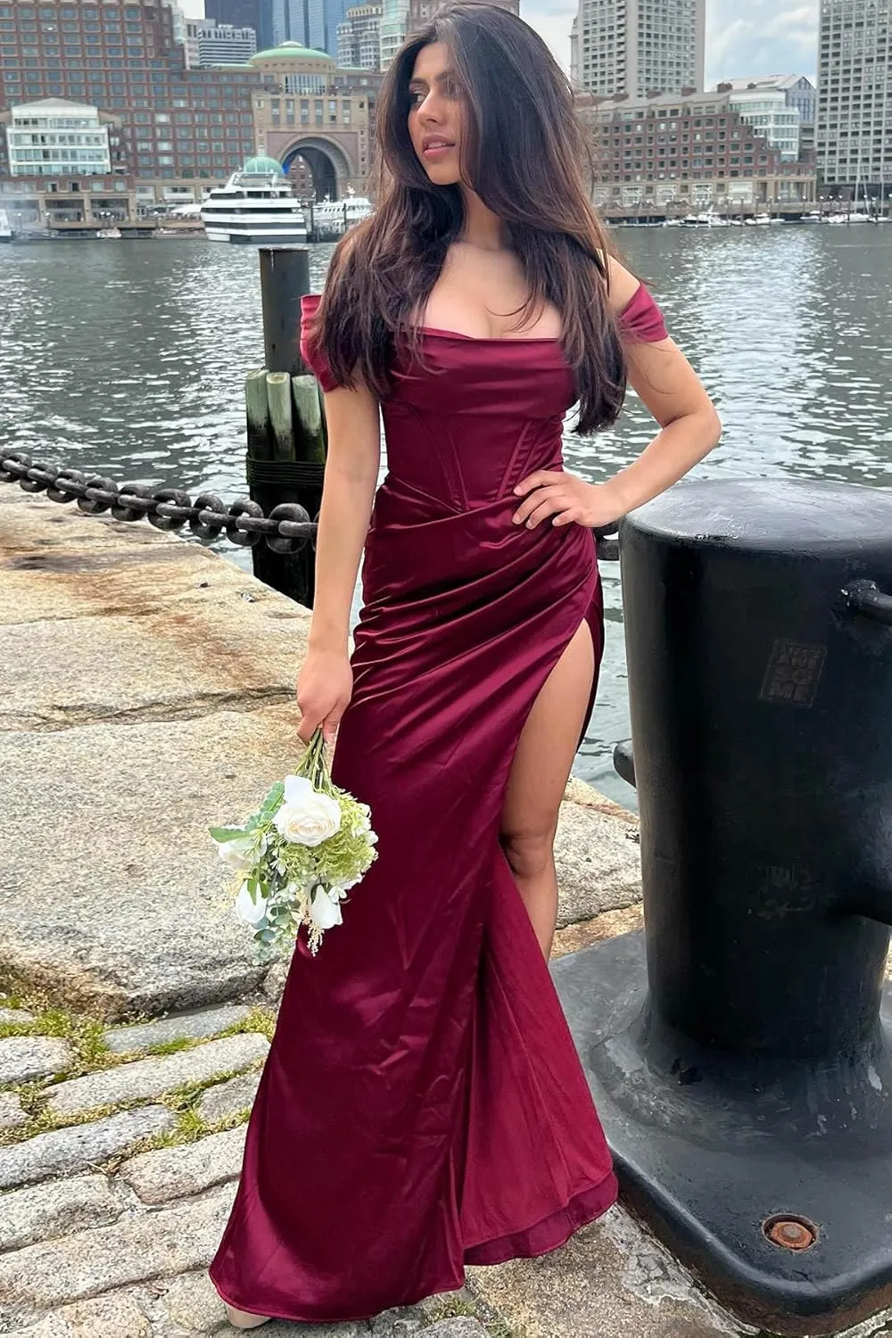 Women's Off Shoulder Mermaid Prom Dresses with Slit Long Satin Corset Formal Party Gowns Bridesmaid Dresses