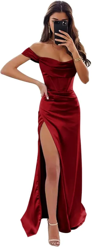 Women's Off Shoulder Mermaid Prom Dresses with Slit Long Satin Corset Formal Party Gowns Bridesmaid Dresses