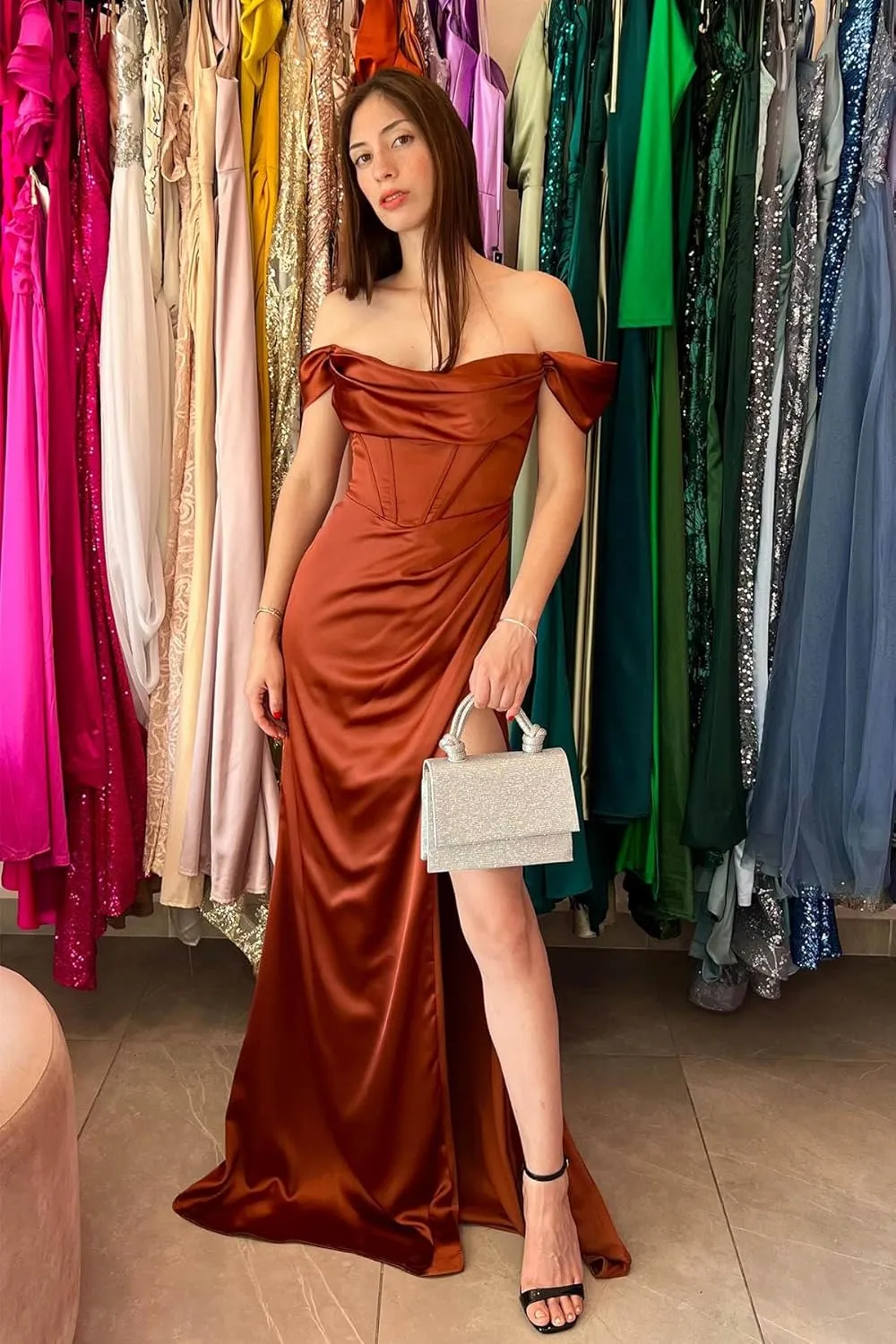 Women's Off Shoulder Mermaid Prom Dresses with Slit Long Satin Corset Formal Party Gowns Bridesmaid Dresses