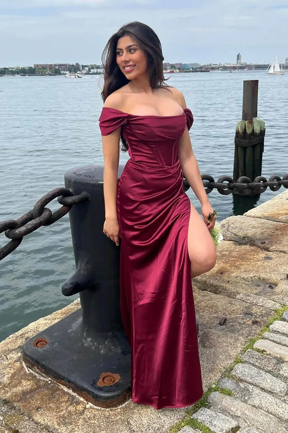 Women's Off Shoulder Mermaid Prom Dresses with Slit Long Satin Corset Formal Party Gowns Bridesmaid Dresses