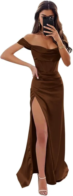 Women's Off Shoulder Mermaid Prom Dresses with Slit Long Satin Corset Formal Party Gowns Bridesmaid Dresses