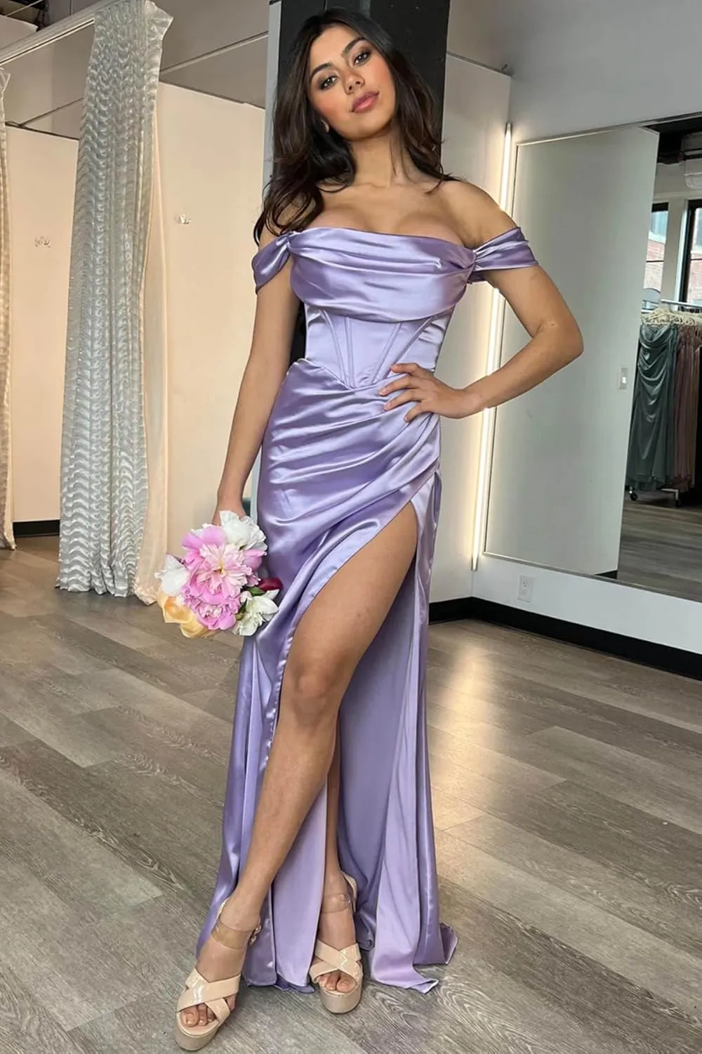 Women's Off Shoulder Mermaid Prom Dresses with Slit Long Satin Corset Formal Party Gowns Bridesmaid Dresses