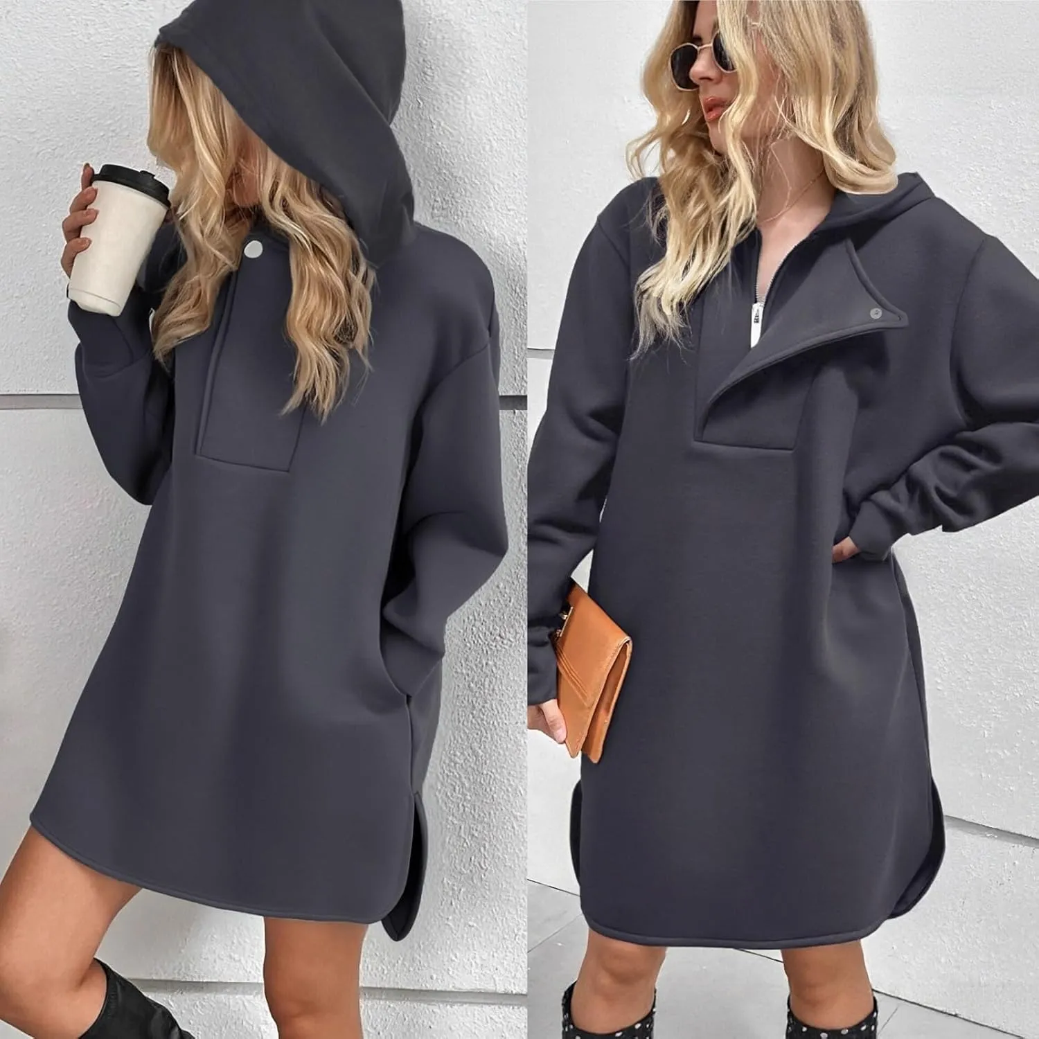 Women's Oversized Hoodies Dress Trendy Pullover Long Sleeve Half Zip Hooded Sweatshirts with Pocket