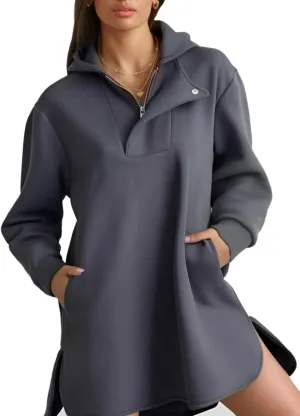 Women's Oversized Hoodies Dress Trendy Pullover Long Sleeve Half Zip Hooded Sweatshirts with Pocket