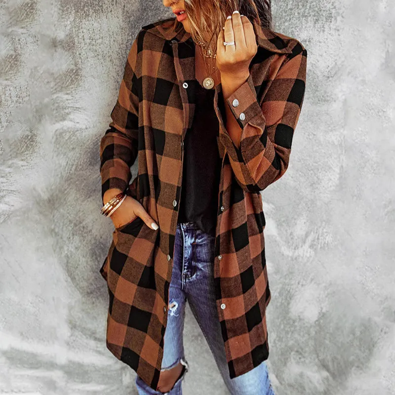 Womens Plaid Longline Shirt Jacket