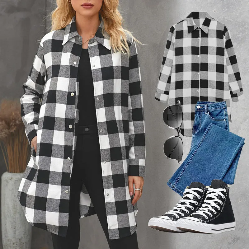 Womens Plaid Longline Shirt Jacket