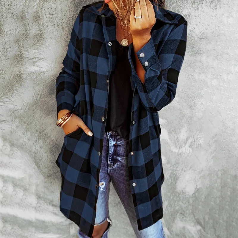 Womens Plaid Longline Shirt Jacket