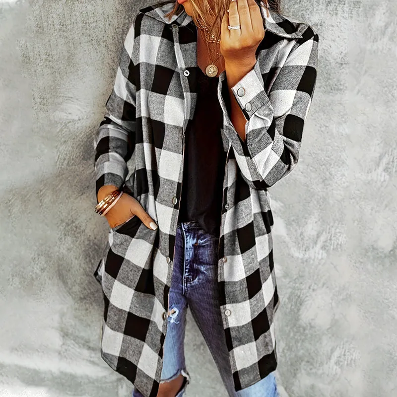 Womens Plaid Longline Shirt Jacket
