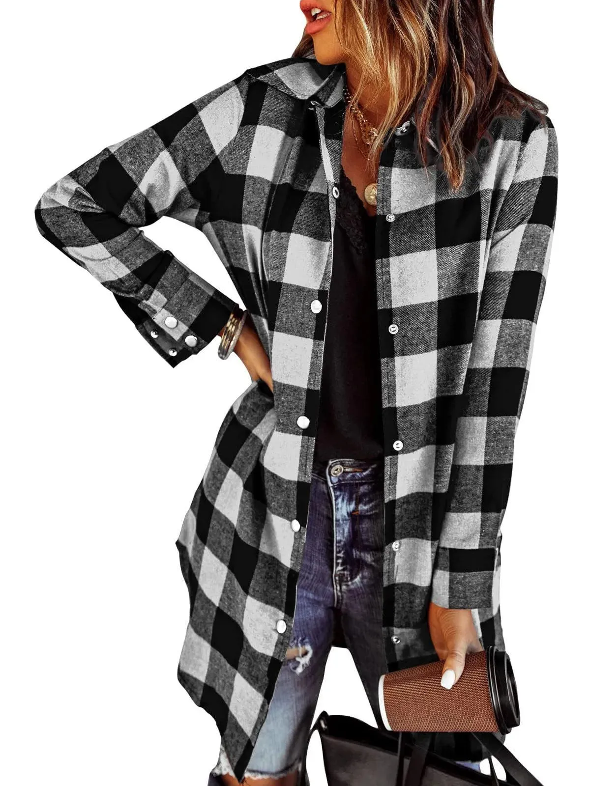 Womens Plaid Longline Shirt Jacket