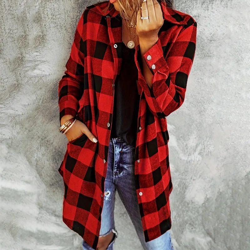 Womens Plaid Longline Shirt Jacket