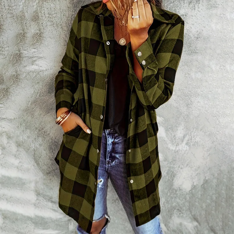 Womens Plaid Longline Shirt Jacket