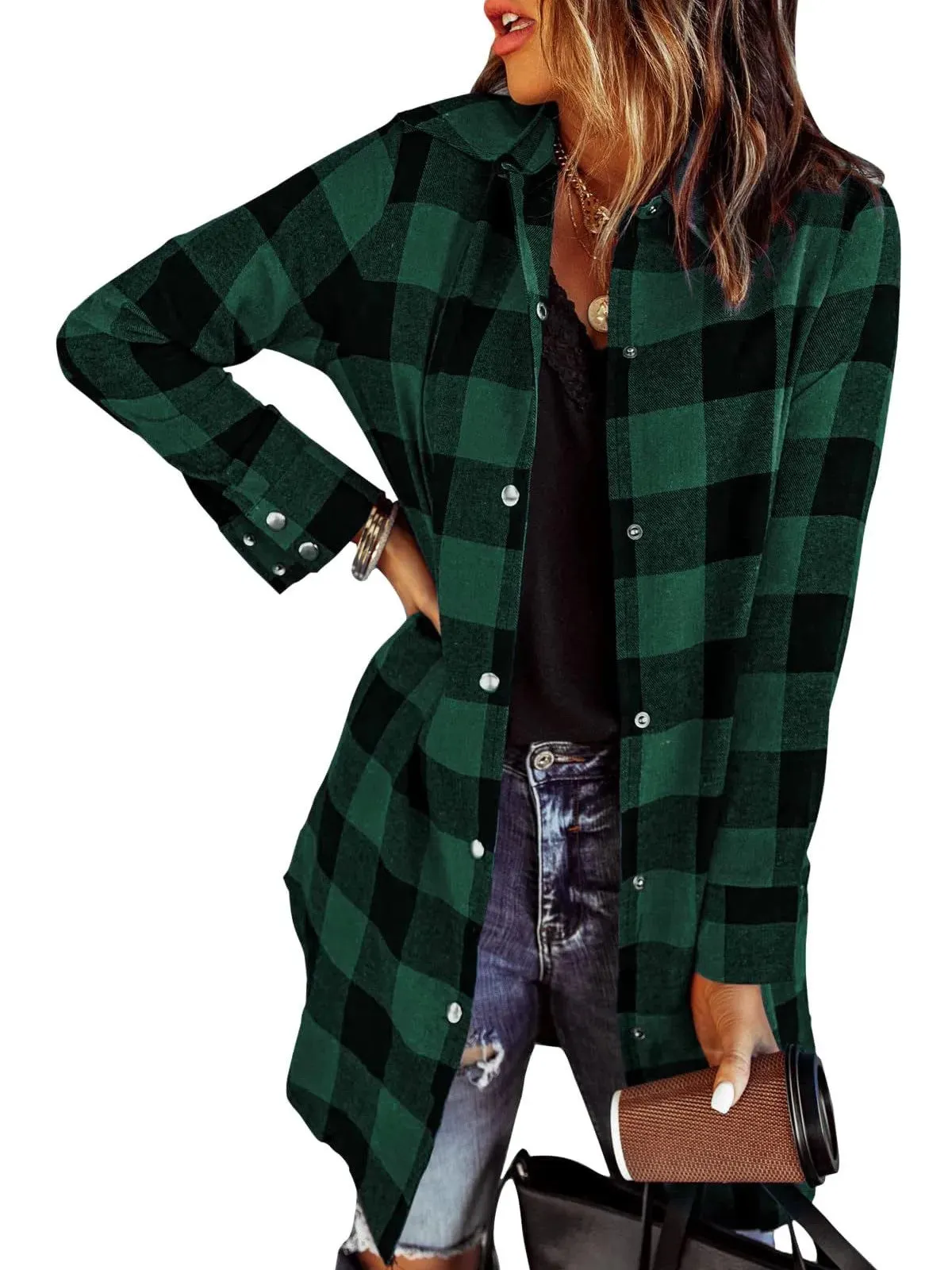 Womens Plaid Longline Shirt Jacket