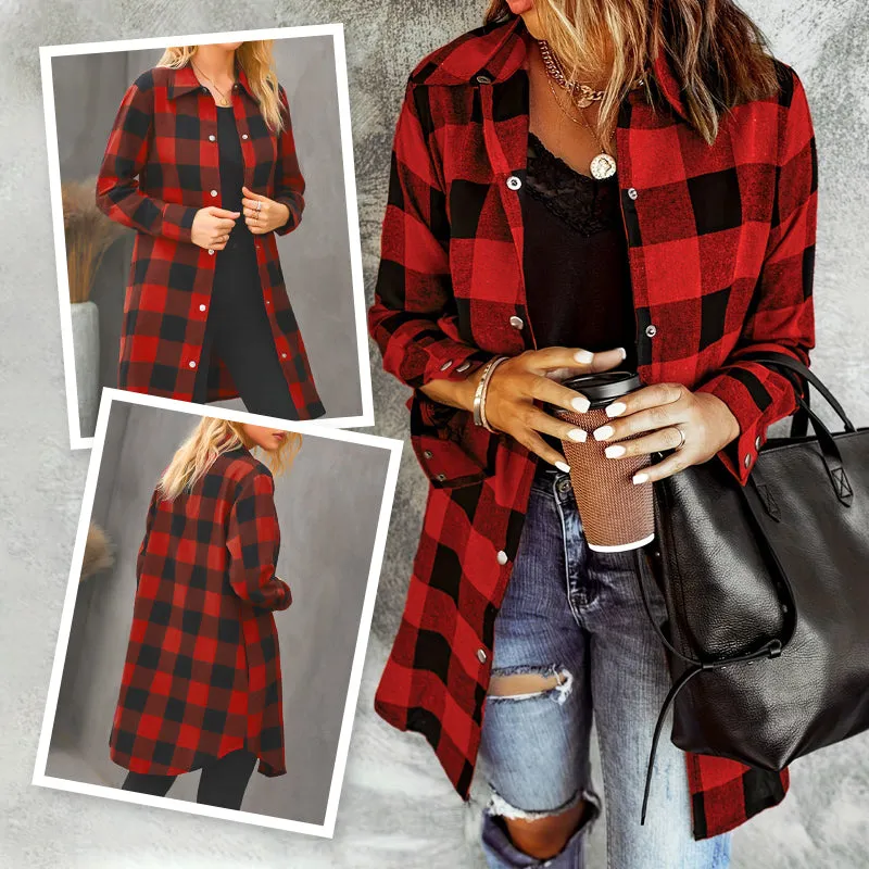 Womens Plaid Longline Shirt Jacket