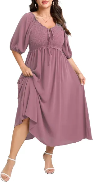 Women's Plus Size Maxi Dress Wedding Guest Half Sleeve V Neck Bowknot Smocked Milkmaid Flowy Dresses for Women