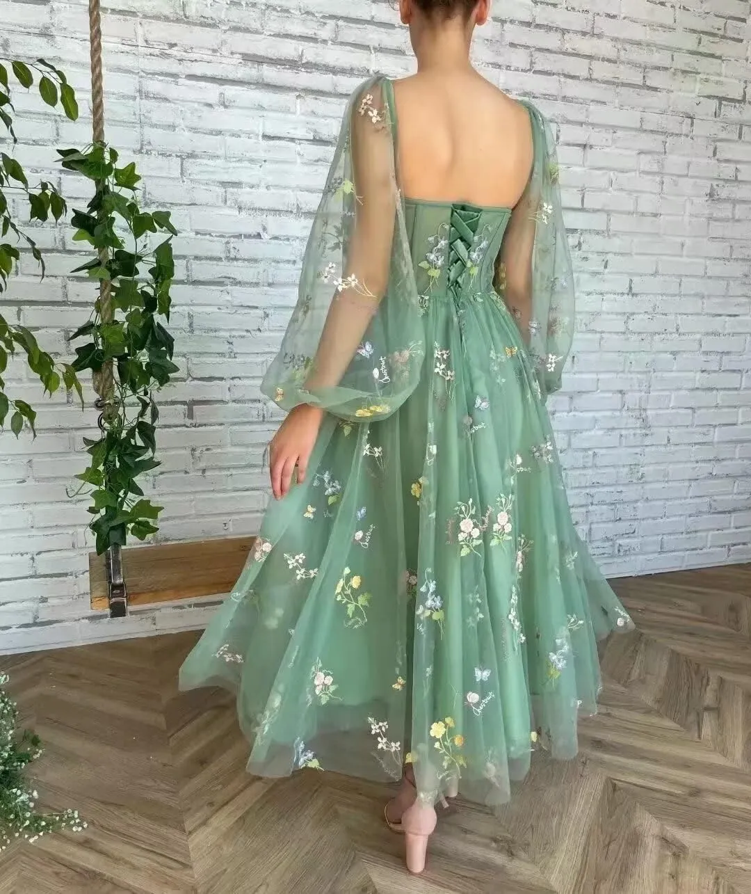 Women's Puffy Sleeve Tulle Prom Dresses Flower Embroidery Formal Evening Party Gowns