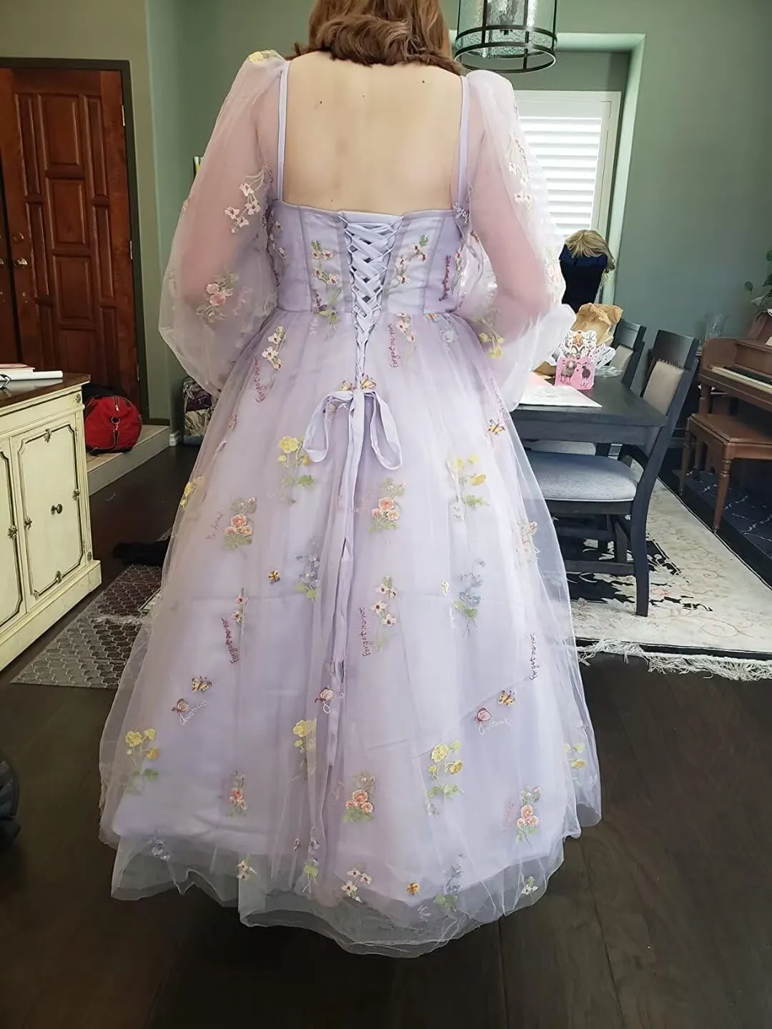 Women's Puffy Sleeve Tulle Prom Dresses Flower Embroidery Formal Evening Party Gowns