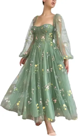 Women's Puffy Sleeve Tulle Prom Dresses Flower Embroidery Formal Evening Party Gowns