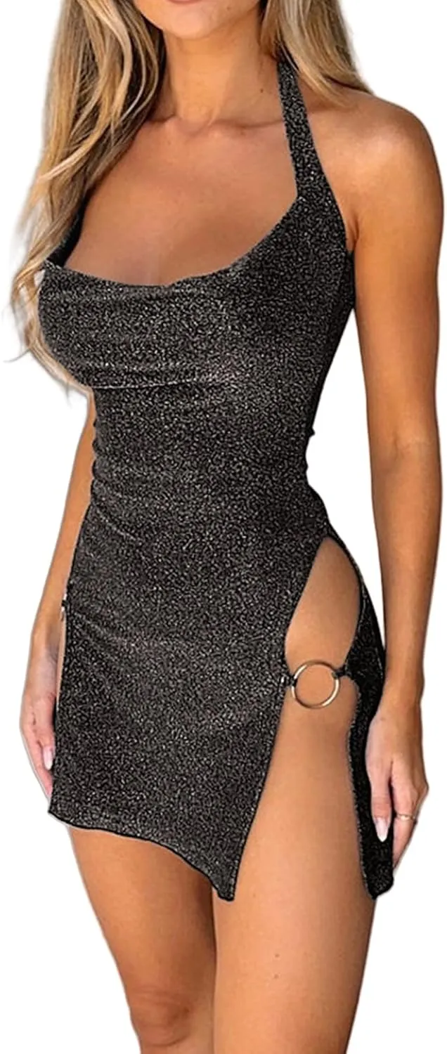 Women's Sexy Glitter Summer Halter Bodycon Dress Lace Criss Cross Spaghetti Mini Dress Backless Cowl Neck Party Dresses