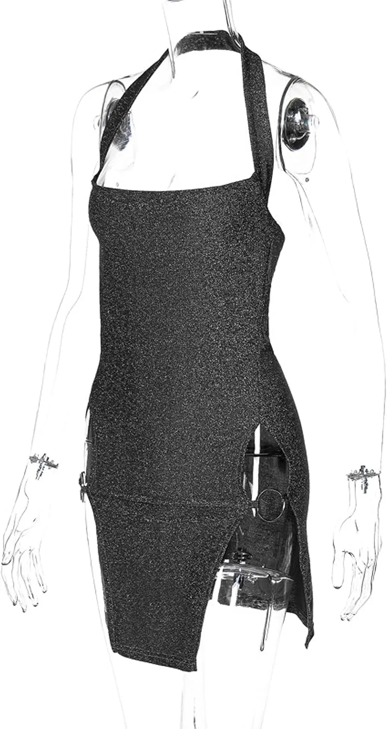 Women's Sexy Glitter Summer Halter Bodycon Dress Lace Criss Cross Spaghetti Mini Dress Backless Cowl Neck Party Dresses