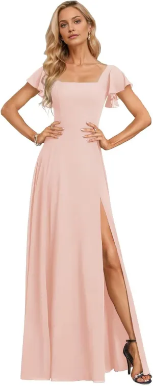 Women's Short Sleeve Bridesmaid Dresses A Line Chiffon Square Neck Long Formal Dresses with Slit IMC027