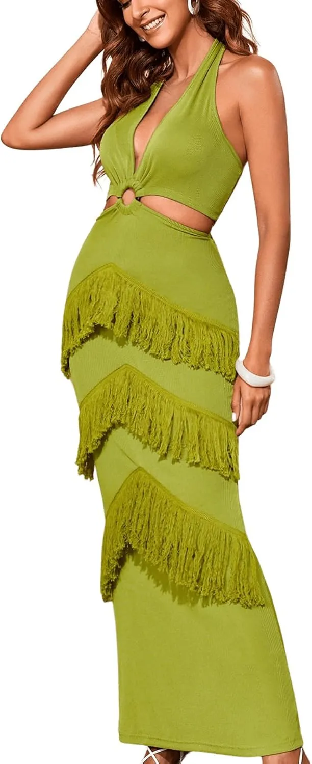 Women's Solid Sleeveless O-Ring Cut Out Halter Neck Maxi Dress Backless Fringe Trim High Waist Summer Dresses