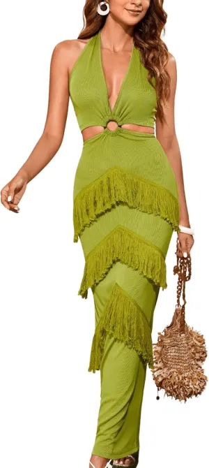 Women's Solid Sleeveless O-Ring Cut Out Halter Neck Maxi Dress Backless Fringe Trim High Waist Summer Dresses