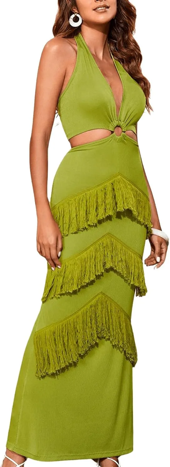 Women's Solid Sleeveless O-Ring Cut Out Halter Neck Maxi Dress Backless Fringe Trim High Waist Summer Dresses