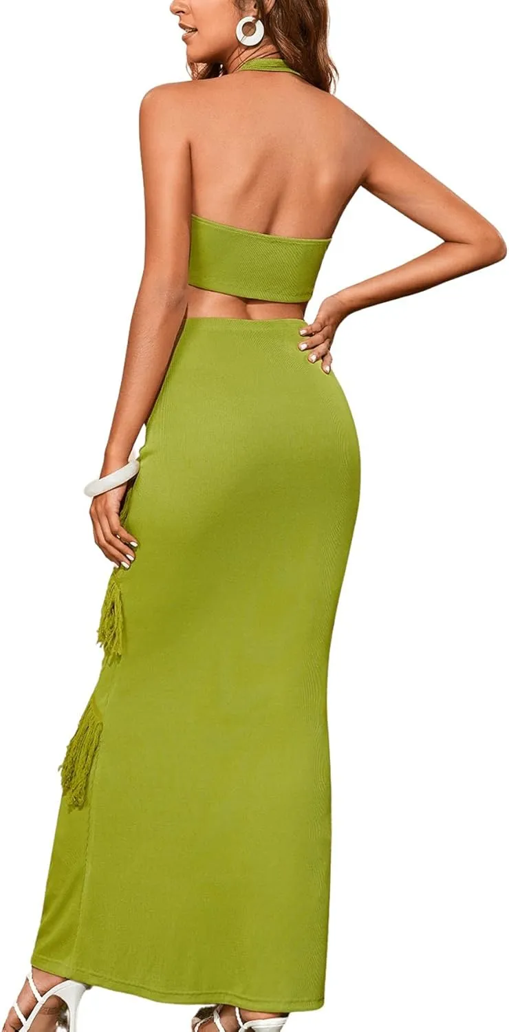 Women's Solid Sleeveless O-Ring Cut Out Halter Neck Maxi Dress Backless Fringe Trim High Waist Summer Dresses