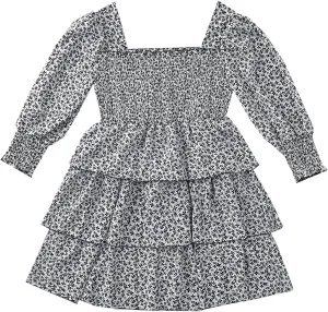 Women's Square Neck Long Sleeve Floral Print Ruffle Layered Short Dress Boho Spring Flowy Mini Dress