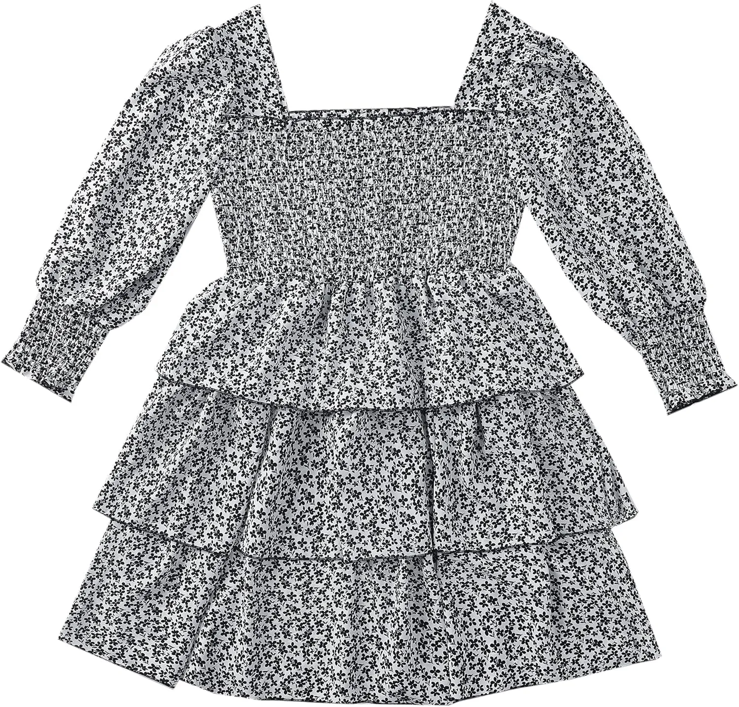 Women's Square Neck Long Sleeve Floral Print Ruffle Layered Short Dress Boho Spring Flowy Mini Dress