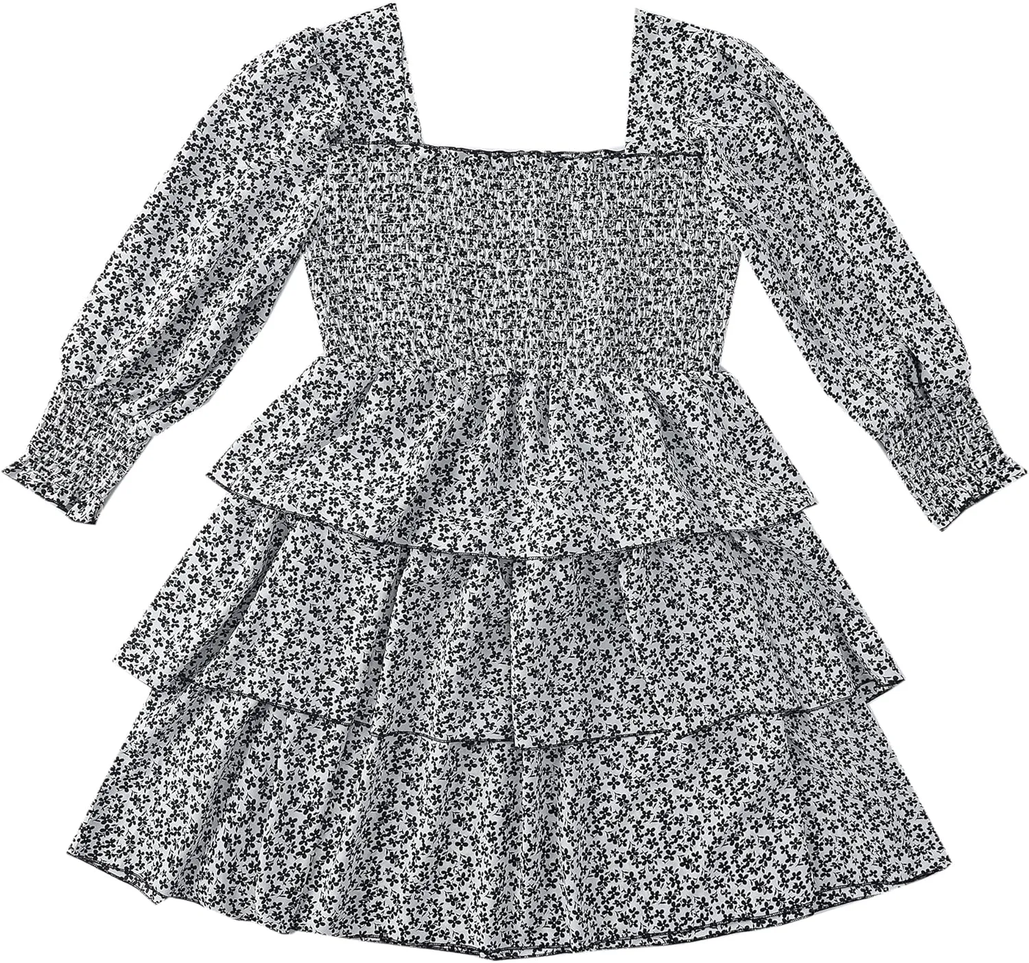 Women's Square Neck Long Sleeve Floral Print Ruffle Layered Short Dress Boho Spring Flowy Mini Dress
