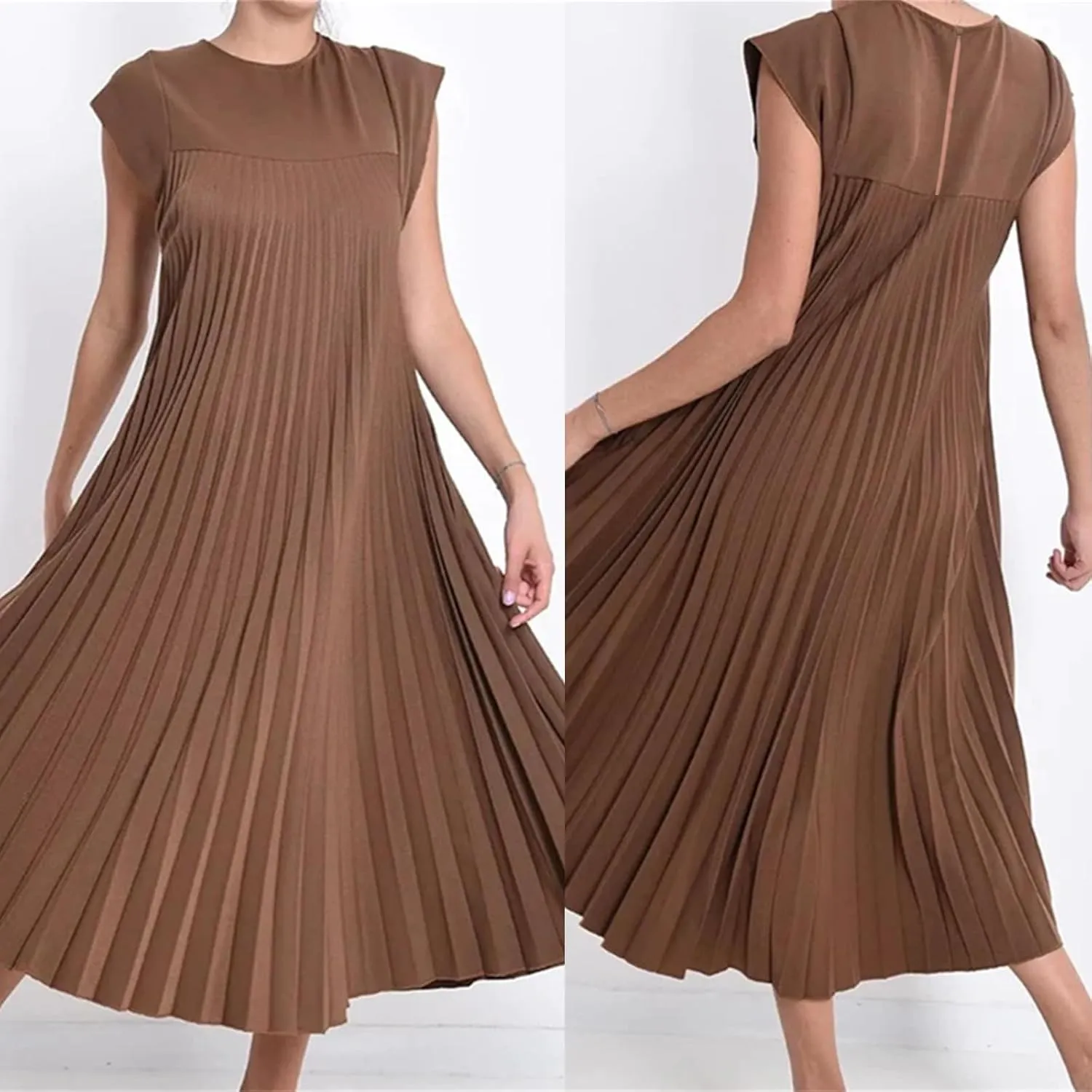 Womens Summer Cap Short Sleeve Maxi Dress 2025 Pleated Casual Loose Long Dresses with Pockets