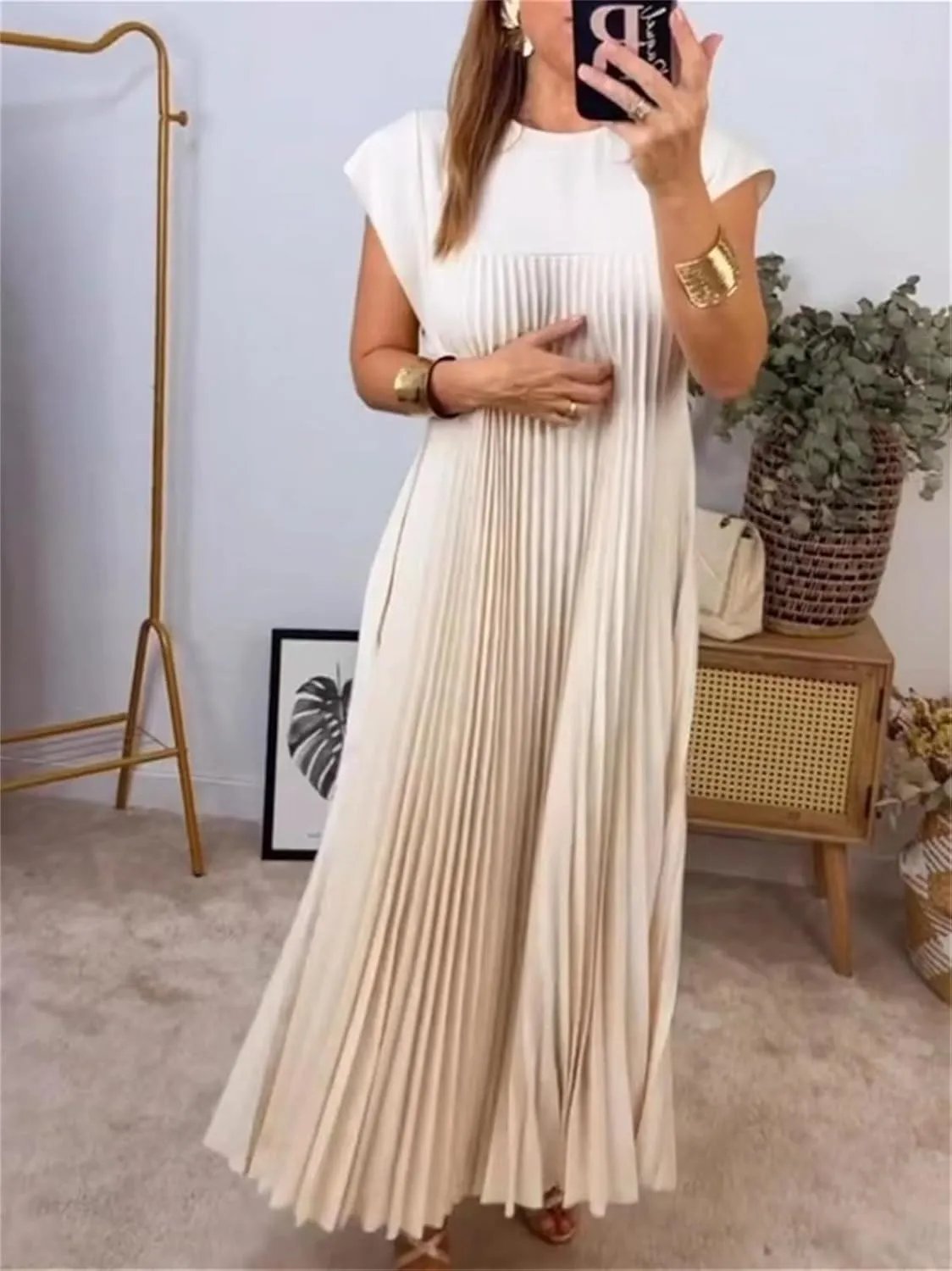 Womens Summer Cap Short Sleeve Maxi Dress 2025 Pleated Casual Loose Long Dresses with Pockets