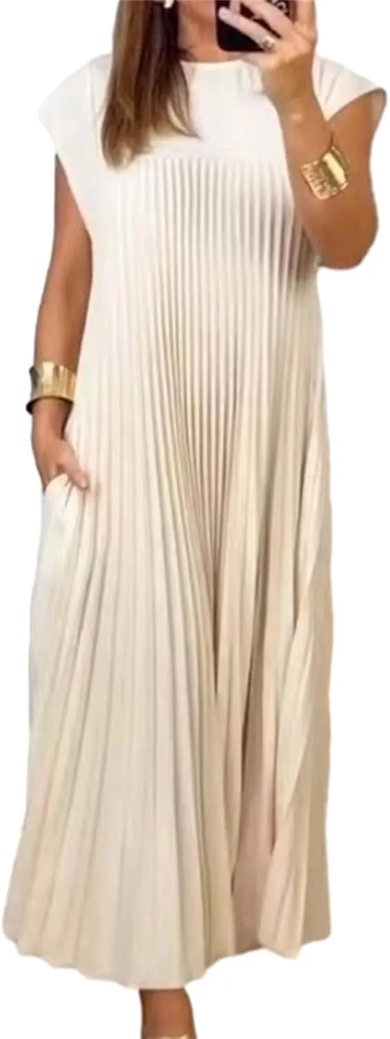 Womens Summer Cap Short Sleeve Maxi Dress 2025 Pleated Casual Loose Long Dresses with Pockets